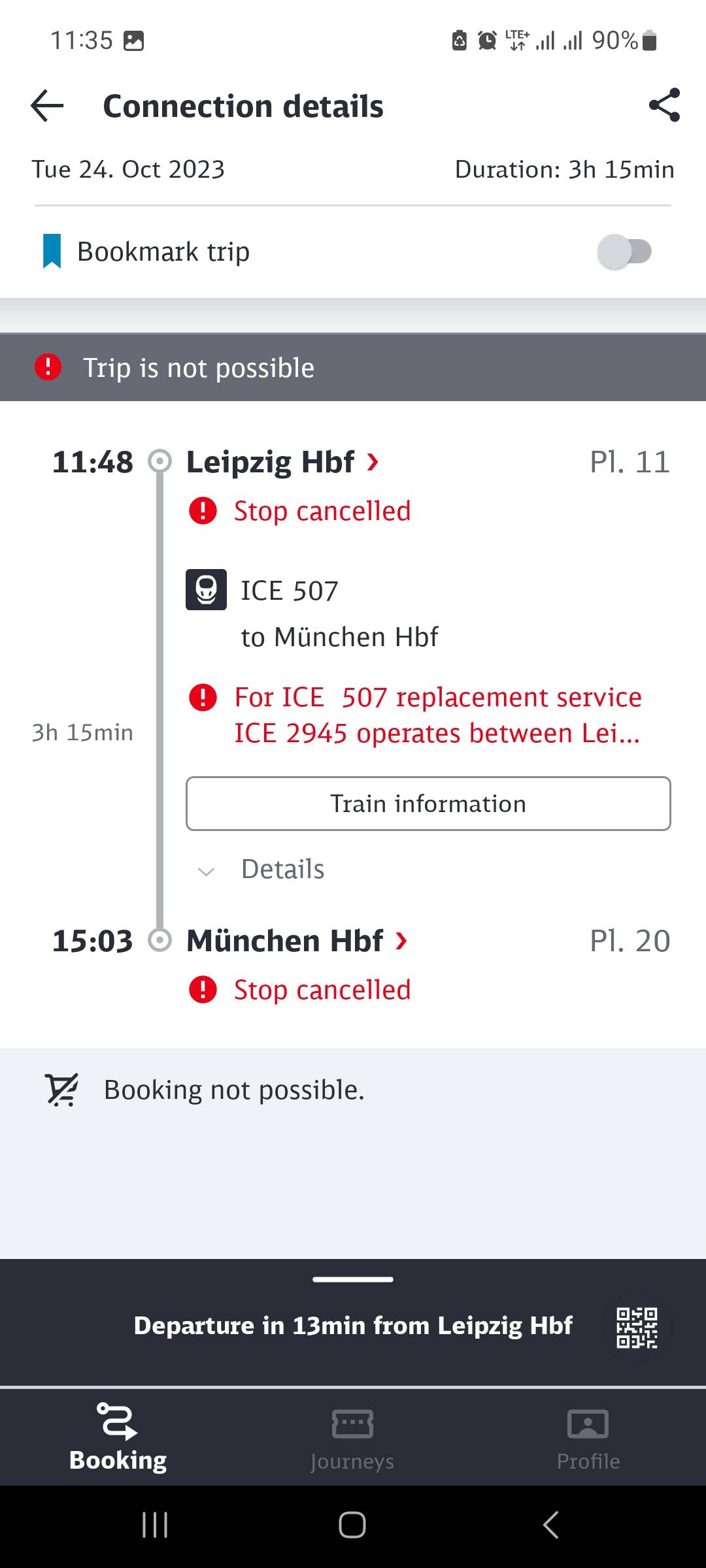 DB App showing the delay for my journey from Leipzig to München